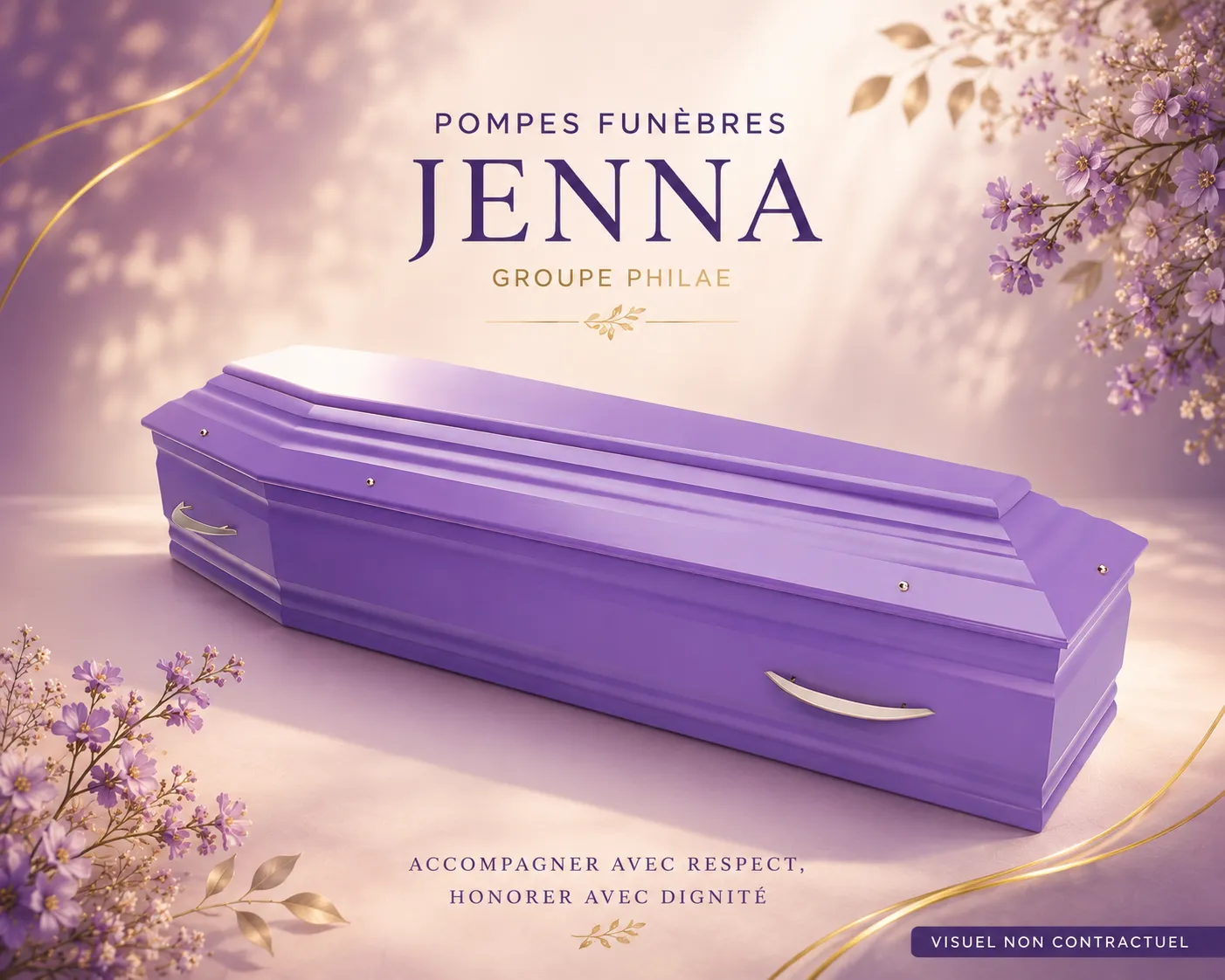 Cercueil lilas présenté par les Pompes Funèbres Jenna — visuel non contractuel