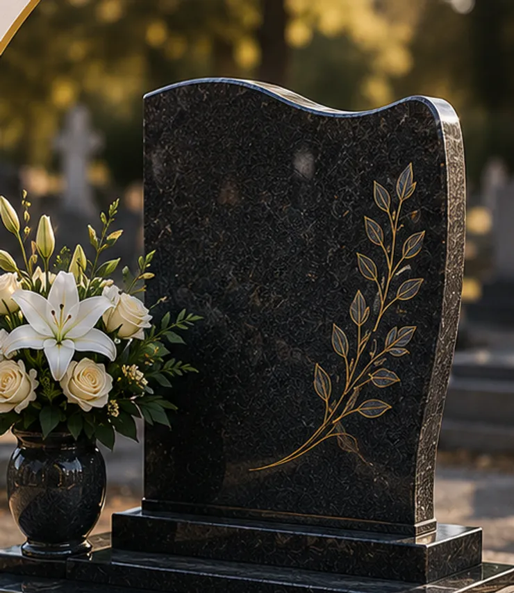 Monument funéraire en granit noir avec gravure feuillage doré et bouquet de lys blancs